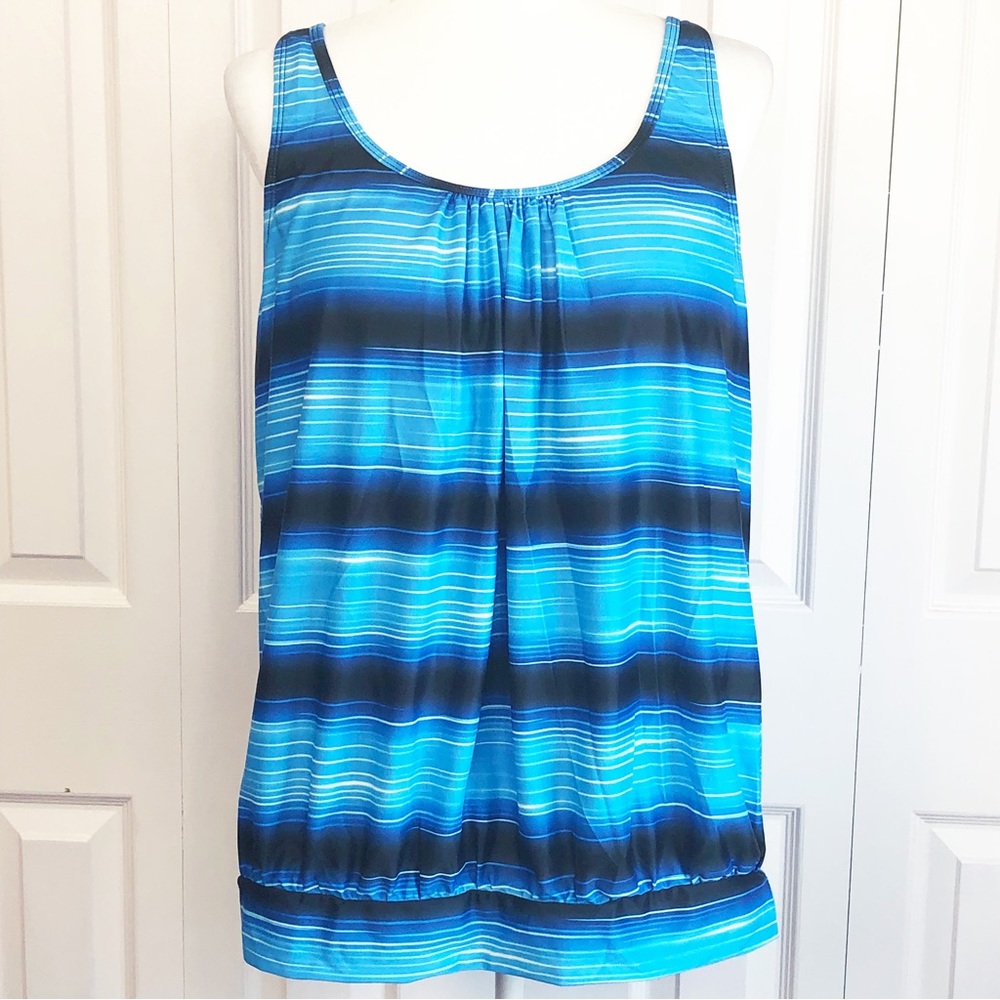 NWT Yonique Sporty Bright Blue Stripe Print Tankini Swim Top 18W